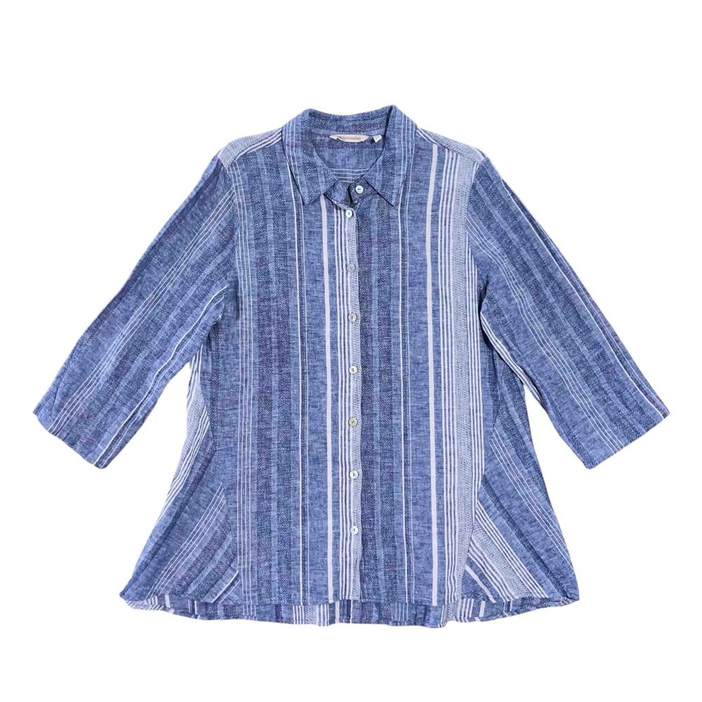 Soft Surroundings Linen Livienne Tunic Blouse XL Blue Casual Striped Coastal